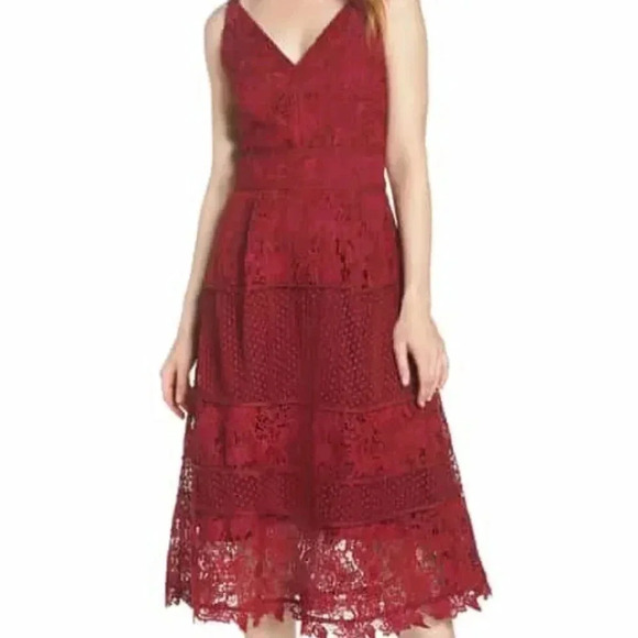 Adelyn Rae Dresses & Skirts - Adelyn Rae Burgundy Lace Crochet Midi Dress Floral